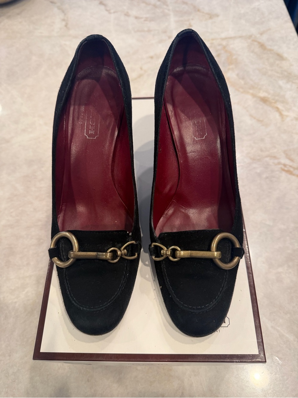 Coach Black Suede Heeled Loafers with Gold Horsebit